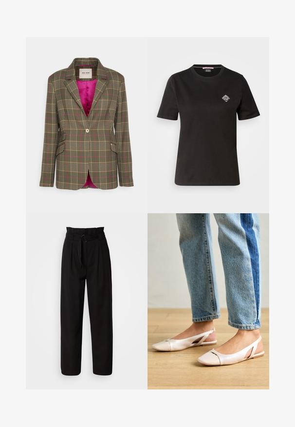 Mos Mosh LAKE ANSIMA - Kratka jakna - forest night; Crna pamučna majica s okruglim izrezom, kratkim rukavima i malim bićim grafičkim dizajnom na lijevoj strani prsa.; Crne hlače visokog struka s širokim nogavicama, s prednjim plitnim naborima i pojasom od tkanine s okruglom kopčom. Glatka tekstura i krojeni dizajn.; Svijetlo ružičaste slingback balerinke s šiljastim vrhom, izrađene od glatkog materijala nalik koži. Sadrže izrezane detalje sa strane i ravnu petu.