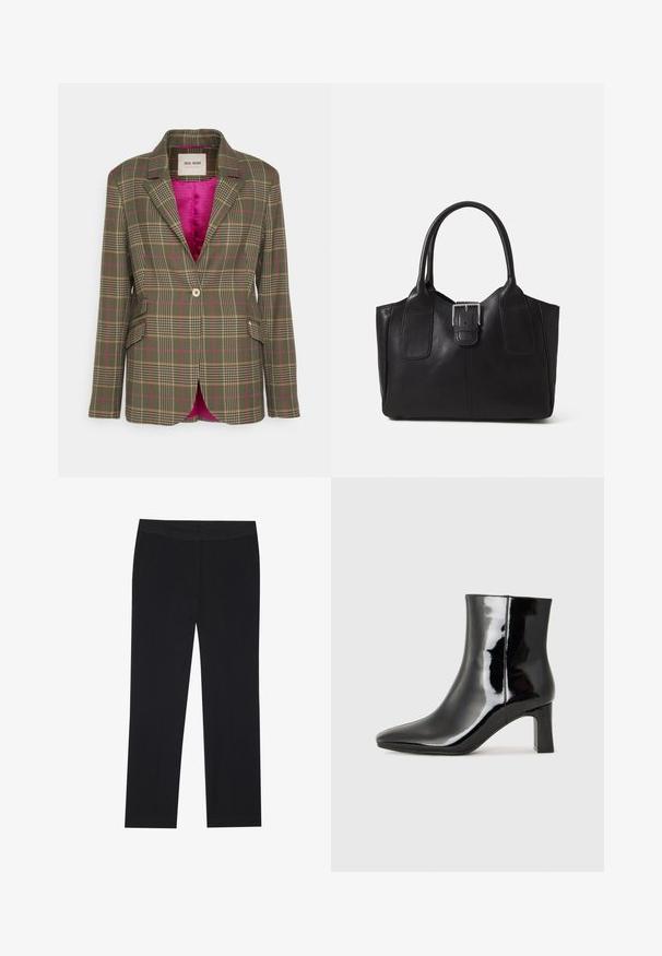 Mos Mosh LAKE ANSIMA - Žakete - forest night; Melna garām piedurknēm krekls ar izplestu aproču, maigu tekstūru un brīvu piegriezumu, ar vienkāršu apaļu dekoltē.; Melni bikses ar taisnu kāju dizainu, ar sānu kabatām un gludu auduma tekstūru. Minimāla apdare, tīra jostasvieta.; Melnas patentētas ādas potīšu zābaki ar norādītu pirkstu un vidēja augstuma kvadrātveida papēdi. Gluda tekstūra un minimālisma dizains.; Melnas ādas somiņa ar gludu tekstūru, strukturētu formu, divām rokturām un izteiktu sudraba sprādzi priekšpusē.