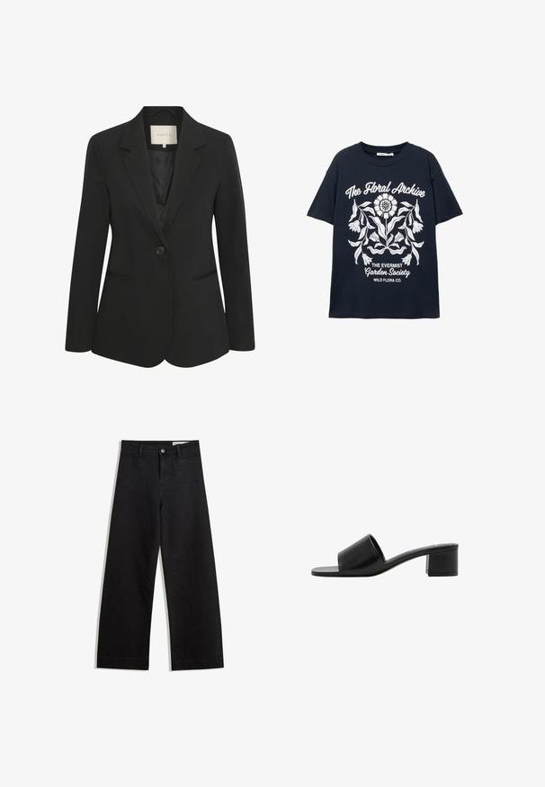 Sacou negru cu un singur nasture, rever ascuțit și două buzunare frontale. Țesătură fină cu o croială structurată și o strălucire subtilă.; Tricou scurt cu mânecă, de culoare bleumarin, cu un grafic floral alb și textul "Arhiva Florală", "Societatea Grădinii Evermist" și "Wild Flora Co."; Pantaloni din denim negri cu picioare largi, cu talie înaltă, având buzunare frontale și posterioare, cusături dublate și închidere cu nasture. Textură netedă.; Sandal cu vârf deschis din piele neagră, cu o curea lată și un toc solid. Prezintă o textură netedă și un design minimalist.