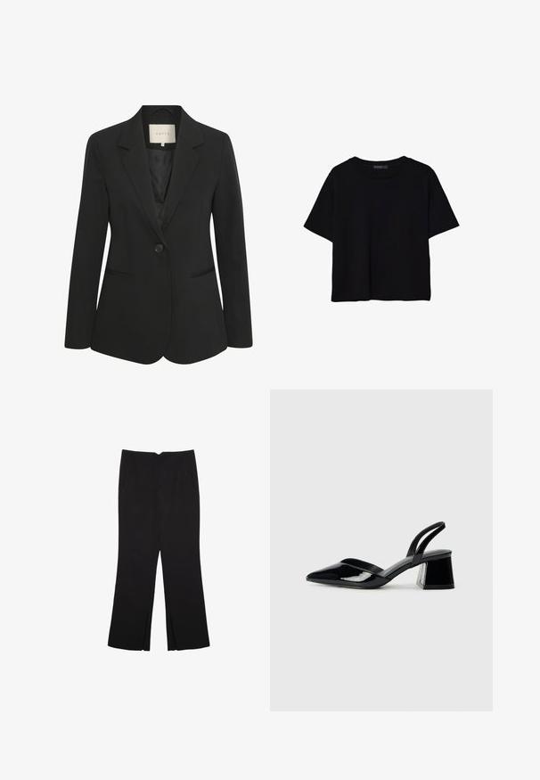 Czarny żakiet z pojedynczym guzikiem, ostrymi klapami i dwiema przednimi kieszeniami. Gładki materiał o sztywnym kroju i delikatnym połysku.; Czarna koszulka z krótkim rękawem wykonana z bawełny. Posiada okrągły dekolt i luźny krój z gładką, jednolitą teksturą. Brak widocznych wzorów lub akcentów.; Czarne spodnie o prostym kroju, z przednimi kieszeniami i bocznymi rozcięciami na dole. Wykonane z miękkiego, gładkiego materiału. Odpowiednie na różne okazje.; Czarne lakierowane półbuty na obcasie z wydłużonym noskiem i geometrycznym słupkiem. Charakteryzują się eleganckim, minimalistycznym designem oraz gładką fakturą.