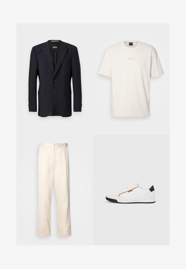 Blazer azul-marinho feito de tecido texturizado, com fechamento de dois botões, lapelas cortadas e dois bolsos frontais. Interior forrado com padrão.; BOSS TEE - T-shirt básica - open white; Calças de algodão bege com corte reto, apresentando um fecho de botão e pregas na frente para um detalhe adicional.; Tênis atléticos brancos com detalhes em malha e couro. Apresenta um logotipo dourado "BOSS", painéis laterais texturizados e um capô de calcanhar preto. Sola em borracha.