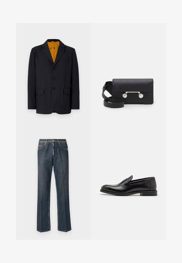 Navy blazer with a notched lapel, four buttons, two front pockets, and a vibrant yellow interior lining. Smooth fabric texture.; Cream-colored knit sweater with a polo collar, ribbed cuffs, and hem, featuring a front placket and soft texture.; Navy blue short-sleeve T-shirt with white text "neanche per sogno" centered on the chest, crew neck, medium size.; Dark blue straight-leg denim jeans with front button, zip fly, double front pockets, and visible vertical creases down the legs.; Black leather loafers with a smooth texture, rounded toe, and a decorative strap across the vamp. Low stacked heel, minimalist design.; Black leather crossbody bag with a flap closure, silver-tone hardware, and two round accents. Features a detachable strap. Smooth texture.