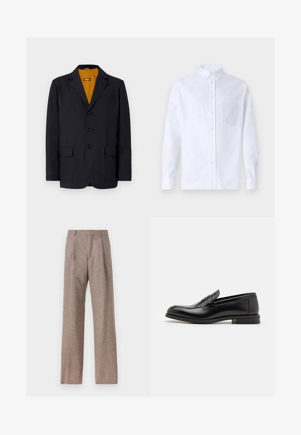 Granatowa marynarka z klapami, czterema guzikami, dwoma przednimi kieszeniami i intensywnie żółtą podszewką. Gładka tekstura materiału.; Biała koszula z długim rękawem na guziki, wykonana z bawełny, z kieszonką na piersi z tonowym haftem, kołnierzykiem i zapięciem na guziki przy mankietach.; Brązowe, wysokiej talii spodnie wykonane z teksturowanej tkaniny. Posiadają szerokie nogawki i dwa przednie zakładki dla lepszej struktury. Starannie wykończone, bez widocznych elementów metalowych.; Czarne skórzane mokasyny o gładkiej fakturze, zaokrąglonym nosku i dekoracyjnym pasku na przodzie. Niski, warstwowy obcas, minimalistyczny design.