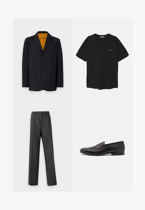 Marineblazer med notch-lapel, fire knapper, to forlommer og en levende gul indvendig foring. Glat stofstruktur.; Sort bomulds T-shirt med rund hals, korte ærmer og en hvid logo print på venstre bryst. Simpelt, ensfarvet design.; Grå skræddersyede bukser lavet af tekstureret stof, med to frontplicer og lige ben-design. Ingen synlige lommer eller udsmykninger.; Sorte læder loafers med et strømlinet design, rund tå og lav stablet hæl. Har en dekorativ syet detalje på overdelen.