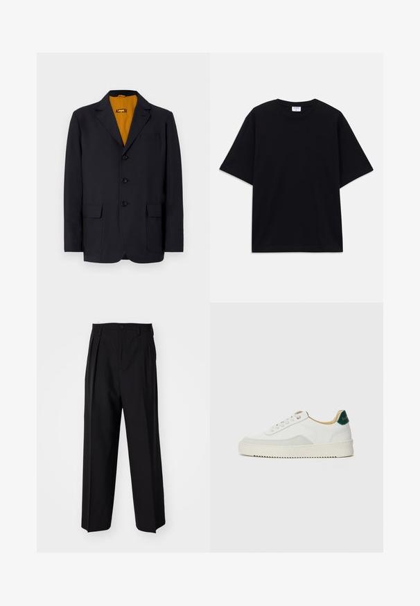 Marineblazer med notch-lapel, fire knapper, to forlommer og en levende gul indvendig foring. Glat stofstruktur.; Sort oversized T-shirt med korte ærmer og rund halsudskæring, med synlig Filippa K mærke indeni kraven.; Sorte plisserede bukser med et lige, bred ben-design. Fremstillet af glat stof, med en knaplukning og bæltesløjfer.; Hvide sneakers med ruskindsdetaljer, rund tå, flade snørebånd og en cremet gummisål. Har grøn branding på hælen.