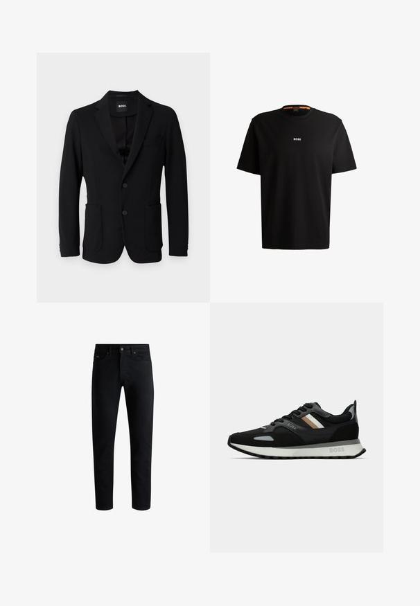 Czarna marynarka wykonana z usztywnianego materiału, z wyłogowym kołnierzem, dwiema przednimi kieszeniami i dwoma guzikami. Metka z napisem "BOSS."; Czarna bawełniana koszulka z okrągłym dekoltem, krótkimi rękawami i białym logo "BOSS" umieszczonym na środku klatki piersiowej. Gładka tekstura, casualowy krój.; Czarne jeansy slim fit z pięcioma kieszeniami, zapięciem na guzik i pętelkami na pasek, wyeksponowane na białym tle.; Czarny but do biegania z teksturowaną powierzchnią, jasnoszarymi akcentami i trzema poziomymi paskami w kolorze brązowym. Posiada białą, amortyzującą podeszwę.