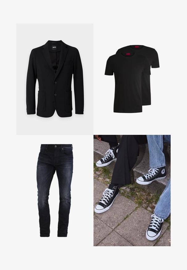 Mustvalge ülikond, mis on valmistatud struktureeritud kangast, millel on nurgeline krae, kaks eesmist taskut ja kaks nuppu. Etikett kannab nime "BOSS."; Kaks musta puuvillast lühikeste varrukatega t-särki, millel on ümmargune kaelus. Mõlemal on kaeluse juures punane brändimärk. Lihtne ja klassikaline disain.; Tumed sinised kitsas lõikega teksad, millel on kerge pleekimine reite ja põlvede piirkonnas, esipockets, vöörihmade jaoks augud ja nööbiga kinnitamine.; Mustad musta värvi kõrged kanvasist tossud valgete kummitaldade ja nööridega, külgedel ringikujuline logo ning kombineeritud denimist ja mustade pükstega.