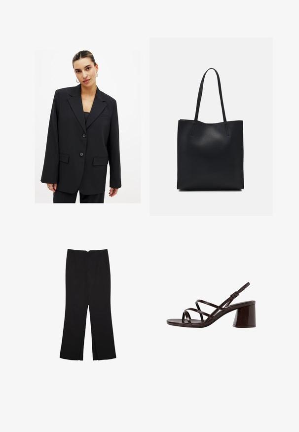 Mustapuku, jossa on rakenteellinen muotoilu, yksisolkinen nappisulku, hammaslappu ja kaksi etutaskua. Sileä pinta ja räätälöity istuvuus.; Mustat pitkät hihat lyhyt toppi, jossa on pyöreä kaula-aukko, yksinkertainen muotoilu ja hieman kaareva helma.; Mustat housut suoralinjaisella leikkauksella, joissa on etutaskut ja sivurei'ät helman alla. Valmistettu pehmeästä ja sileästä kankaasta. Sopii eri tilaisuuksiin.; Ruske sandale na petu s sjajnom površinom, koje imaju više tankih remena i čvrst blok potplat za stabilnost.; Mustapahkainen kangaskassi, jossa on sileä pinta, suorakaiteen muotoinen ja kaksi pitkää kahvaa. Ei näkyvää metalliosaa tai koristeita.