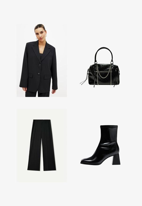 Svart kavaj med en strukturerad design, enkelknappstängning, slagkragar och två framfickor. Slät textur med en skräddarsydd passform.; Svart långärmad croppad topp med rund halsringning, enkel design och en något rundad nederkant.; Bershka WIDE - Tygbyxor - black; Svart ankelboot tillverkad av mjukt läder. Har en blockklack med ett strukturerat, ribbat mönster och en elegant, avsmalnande tådesign.; Bershka WITH CHAIN - Handväska - black
