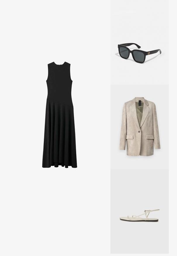 DRYKORN GLENDALE - Blejzr - brown; Černé maxi šaty bez rukávů s přiléhavým vrškem a rozšířenou sukní, které mají hladkou texturu a minimalistický design, bez viditelných zapínání.; Béžové ploché sandály s několika štíhlými pásky a nastavitelnou přezkou. Podešev je plochá s mírným tmavým kontrastem na okraji.; Černé sluneční brýle s obdélníkovými skly, s lesklým povrchem a zlatými logovými akcenty na nožkách. Temně šedá skla poskytují UV ochranu.; Kabelka typu bucket z texturovaným šedým tělem, černými koženými akcenty, černým stahovacím uzávěrem a nastavitelným ramenním popruhem.