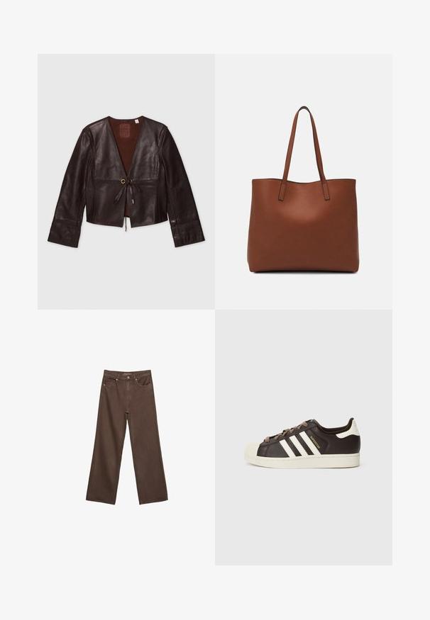 Smeđi kožni kratki jakna s dugim rukavima, V-izrezom, prednjim vezivanjem i zlatnim detaljima; glatka tekstura s bogatom završnom obradom.; Smeđa dukserica od mekog materijala, s velikom kapuljačom, prednjim džepom i rebrastim manžetama i donjim rubom. Jednostavan, ležeran dizajn bez uzoraka.; Proširene smeđe traperice od denima, s visokim strukom, prednjim džepovima i klasičnom kopčom na dugme. Glatka tekstura s suptilnim šavovima.; Niska Adidas Superstar tenisica od tamnobraon kože s krem školjkastim vrhom, bijelim prugama i natpisom "Superstar" sa strane.; Smeđa kožna torba preko ramena s glatkom teksturom, otvorenim vrhom i dvjema naramenicama. Ima minimalne šavove i nema vidljivog hardvera.