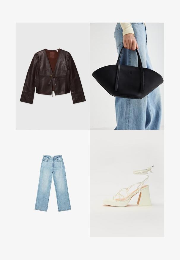 Giacca corta in pelle marrone con maniche lunghe, scollatura a V, chiusura frontale con laccio e dettagli in tonalità oro; texture liscia con una finitura ricca.; Camicia di jeans azzurro chiaro con maniche lunghe, colletto a punta, due tasche sul petto e cuciture a contrasto. Presenta un design a yoke in stile western.; Jeans larghi in denim blu chiaro a vita alta, caratterizzati da un lavaggio sbiadito e da piccoli dettagli strappati sparsi.; Sandalo bianco con tacco alto, caratterizzato da un design a cinturini e un legaccio alla caviglia. Texture liscia con una piattaforma frontale per un'altezza aggiuntiva.; Borsa a tracolla in pelle nera con una forma a ventaglio unica, dotata di manici piatti. La superficie presenta una texture a ciottoli e un design minimalista.