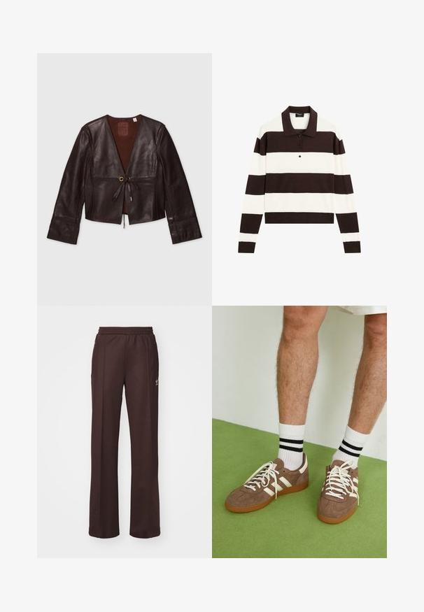 Braune Leder-Cropped-Jacke mit langen Ärmeln, V-Ausschnitt, vorderem Bindeverschluss und goldfarbenen Akzenten; glatte Textur mit einem reichhaltigen Finish.; Langärmliges Polohemd mit abwechselnd dunkelschokoladenbraunen und weißen horizontalen Streifen, einem Kragen und einer geknöpften Leiste. Hergestellt aus weichem Stoff.; Braune Sporthose mit einem elastischen Bund, zwei Seitentaschen und einem kleinen Logo auf der linken Seite, gefertigt aus weichem Stoff.; Braune Wildleder-Sneaker mit weißen Akzenten und Schnürsenkeln. Gummisohle in Kautschuk-Optik. Getragen mit weißen Socken, die schwarze Streifen haben. Grüner strukturierter Fußboden.