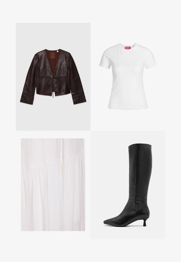 Hnedá kožená skrátená bunda s dlhými rukávmi, V-výstrihom, predným viazaním a zlatými akcentmi; hladká textura s bohatým povrchom.; Biela bavlnená tričko s krátkymi rukávmi a okrúhlym výstrihom. Na vnútornej strane goliera sa nachádza ružová nálepka. Hladká textúra.; Biela tkaninová šaty so štruktúrovaným povrchom a jemnými skladmi, s neformálnymi dizajnovými prvkami, ktoré vytvárajú splývavú siluetu.; Zign Čižmy - black