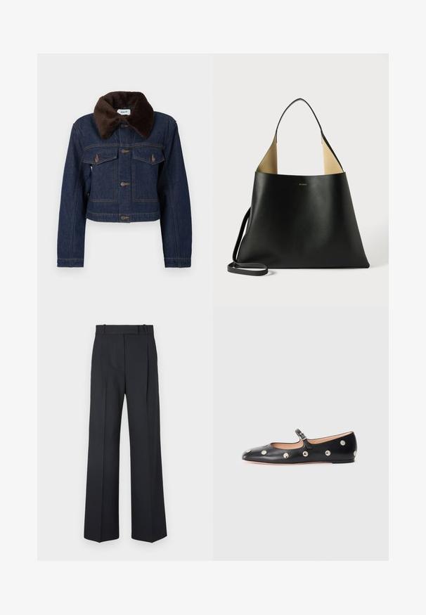Krótka kurtka jeansowa w ciemnym niebieskim kolorze z brązowym kołnierzem z imitacji futra, wyposażona w dwie kieszenie na piersi oraz wyraźne przeszycia.; Biała koszula z długim rękawem wykonana z bawełny, z klasycznym kołnierzykiem, zapięciem na guziki i pojedynczą kieszenią na piersi po lewej stronie.; Ciemnoniebieskie spodnie w paski z wysokim stanem, szerokimi nogawkami i bez widocznych elementów metalowych lub ozdób. Gładka tekstura i dopasowany krój.; Czarne skórzane buty typu Mary Jane na płaskim obcasie z zaokrąglonym czubkiem, ozdobione srebrnymi okrągłymi ćwiekami oraz regulowanym paskiem z klamrą.; Czarna skórzana torba na ramię o przestronnym, kanciastym kształcie. Wyposażona w kontrastowe, jasnobrązowe wnętrze i cienki pasek na ramię. Minimalistyczne logo.