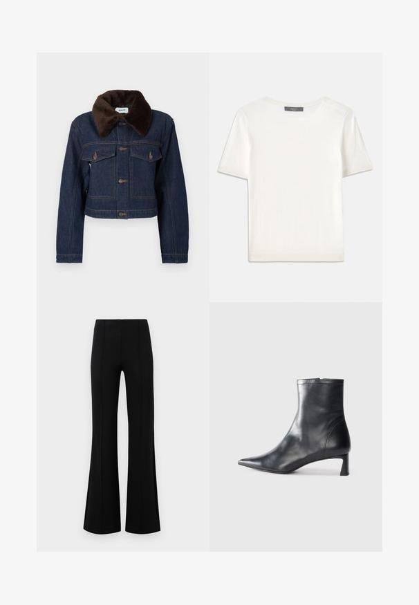 Korte spijkerjas in donkerblauw met een bruine nepbontkraag, met twee borstzakken en zichtbare stikaccenten.; Witte gebreide top met korte mouwen en een ronde halslijn, met een gladde textuur en subtiele ribgebreide accenten bij de mouwen en de zoom.; Zwarte flared broeken met een hoge taille, gemaakt van rekbaar materiaal. Bevat verticale naden aan de voorkant en heeft een gladde textuur.; Zwarte leren enkellaars met een spitse neus en een slank ontwerp. Heeft een lage hak en een ritssluiting aan de achterkant. Gladde textuur.