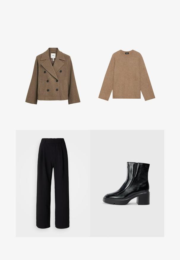 Bordžna volnena mešanica dvojno zapnjen plašč z zareznim ovratnikom, dvema črnima gumboma, stranskima žepoma in prilagojenim krojem. Gladka tekstura.; Rjavo pleteno pulover s okroglo ovratnico, dolgimi rokavi in mehko teksturo. Preprost dizajn, brez vzorcev ali okrasnih元素ov.; Črne široke hlače iz gladkega materiala. Imajo prilegajoč pas in sprednje prve za dodano prostornino. Prilagojena zasnova.; Črne lakirane gležnjarje z ukrivljenim nosom, elastičnimi stranskimi paneli in debelim blokastim peto. Imajo vtisnjen logotip na zadnjem delu.