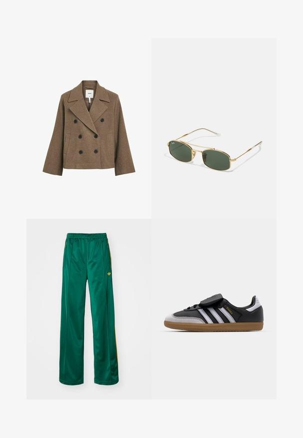 Manteau double boutonnage en mélange de laine brun avec col cranté, deux boutons noirs, poches latérales et coupe ajustée. Texture lisse.; T-shirt blanc à manches courtes avec un col rond, fabriqué en matériau coton, présentant une silhouette ajustée et une étiquette de marque noire à l'intérieur du col.; Pantalons de sport en satin vert avec une coupe décontractée, présentant des accents de rayures jaunes et un logo brodé sur le côté gauche. Taille élastique.; Baskets en cuir noir et en suède gris avec des rayures blanches, semelle en caoutchouc, lacets à l'avant et sangle Velcro. Présente le logo "Samba" en doré.; Lunettes de soleil en métal doré avec verres verts, présentant une forme angulaire et des branches fines. Le design comprend une monture fine et un logo discret sur le verre.
