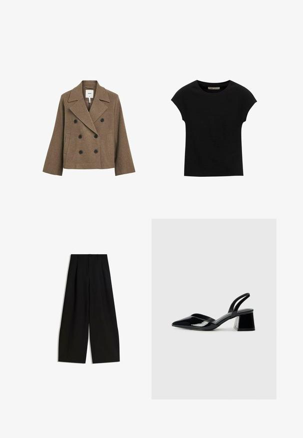 Brun uldblanding dobbeltbrystet frakke med ikke-kantet krave, to sorte knapper, sidelommer og skræddersyet pasform. Glat tekstur.; Sort t-shirt med korte ærmer lavet af blødt stof, med rund halsudskæring og en afslappet pasform, med en glat tekstur og uden mønstre.; Sorte bredbenede bukser lavet af glat stof, med høj talje, læg foran, og uden synlige dekorationer eller mønstre.; Sorte patentlæder slingback hæle med spids tå og en geometrisk blok hæl. Har et elegant, minimalistisk design og en glat tekstur.