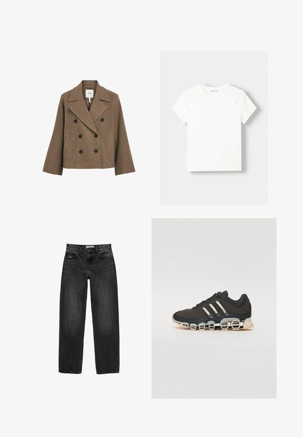 Brauner Wollmischung Doppelreiher-Mantel mit Reverskragen, zwei schwarzen Knöpfen, seitlichen Taschen und taillierter Passform. Glatte Textur.; Weißes Baumwoll-T-Shirt mit Rundhalsausschnitt und kurzen Ärmeln. Einfaches Design, glatte Textur, ohne Muster oder Akzente.; Schwarze Jeans aus Denim mit lockerer Passform, geradem Bein, fünf Taschen-Design und einer leicht gewaschenen Textur. Knopf- und Reißverschluss vorne.; Schwarzer Sportschuh mit einer strukturierten Oberseite, drei silbernen Streifen und einer markanten Dämpfungssohle mit mehreren integrierten Sektionen.