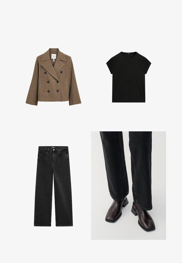 Bruine wolmix dubbele borstknoopjas met een notch-kraag, twee zwarte knopen, zijzakken en een getailleerde pasvorm. Glad textuur.; Zwarte t-shirt met korte mouwen en ronde hals, met een rechte zoom, plat weergegeven op een witte achtergrond.; Wijd gesneden zwarte denim jeans met een subtiel verticaal streepmotief, voorzien van een vijfzakkenontwerp en een klassieke knoopsluiting bij de taille.; Bruine leren enkellaarsjes met een vierkante neus en blokhak, gecombineerd met zwarte wijde jeans. Glad textuur en minimalistisch ontwerp.