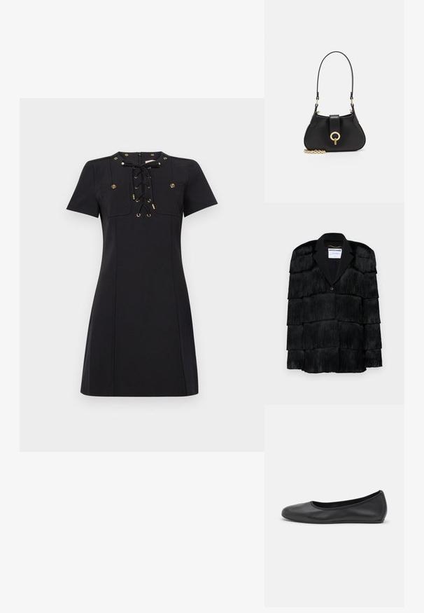 Čierna bunda s viacvrstvovými strapcovými detailmi, s klopou a jedným gombíkom. Mäkká textúra, štruktúrovaný dizajn.; Krátke čierne šaty s okrúhlym výstrihom, krátkymi rukávmi, šnurovaním vpredu so zlatými akcentmi a dvoma dekoračnými vreckami na hrudi.; Čierne kožené baleríny s okrúhlou špičkou, hladkým povrchom, minimálnym prešívaním a flexibilným dizajnom podrážky.; sandro JANET - Kabelka - noir