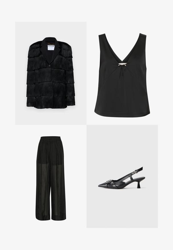 Mustalöök, millel on kihiline frantsiitdetail, sisselõigatud krae ja ühe nupuklõpsuga sulgemine. Pehme tekstuur, struktureeritud disain.; Must mustriga must, millel on V-kaelus, dekoratiivne sõlm ja hõbedased aktsendid keskosas, valmistatud sujuvast ja elegantsetest kangast.; Mustad laiad mustad püksid, mis on valmistatud läbipaistvast kangast, elastse vöökohaga ja nööri reguleerimiseks, tagades mugava istuvuse ja sileda tekstuuri.; Must must have must toote tõmblukuga, dekoratiivsed rihmad metallist silmadega ja madal blokk-kand. Tekstureeritud pind.