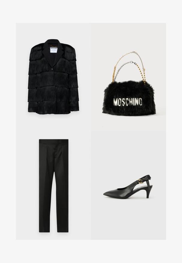 Black jacket featuring layered fringe details, a notched lapel, and a single button closure. Soft texture, structured design.; Black cotton t-shirt with short sleeves and round neckline, featuring white text that reads "TOO HAUTE TO HANDLE" on the front.; Black trousers featuring a smooth fabric, tailored design, straight legs, and a flat waistband with no visible closures or pockets.; Black leather slingback pump with a pointed toe, small heel, and a buckle detail on the ankle strap. Smooth texture, minimalist design.; Black faux fur handbag with gold and silver chain straps. Features "MOSCHINO" logo in white on the front. Soft texture and rectangular shape.