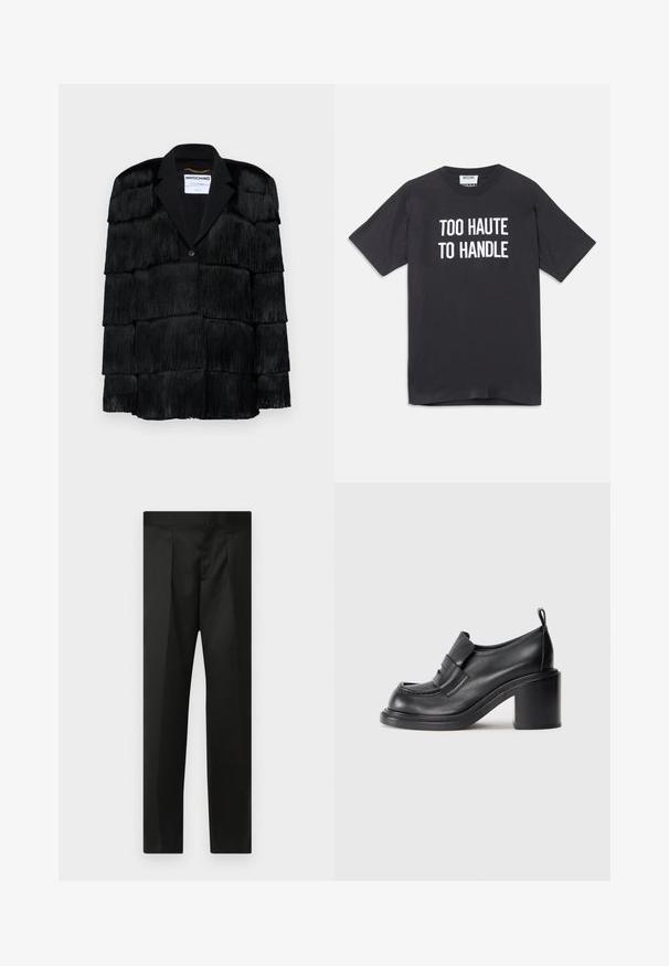 Black jacket featuring layered fringe details, a notched lapel, and a single button closure. Soft texture, structured design.; Black cotton t-shirt with short sleeves and round neckline, featuring white text that reads "TOO HAUTE TO HANDLE" on the front.; Black trousers featuring a smooth fabric, tailored design, straight legs, and a flat waistband with no visible closures or pockets.; Black leather heeled shoes featuring a round toe, prominent band across the vamp, and a chunky heel design. Smooth texture with minimal stitching.