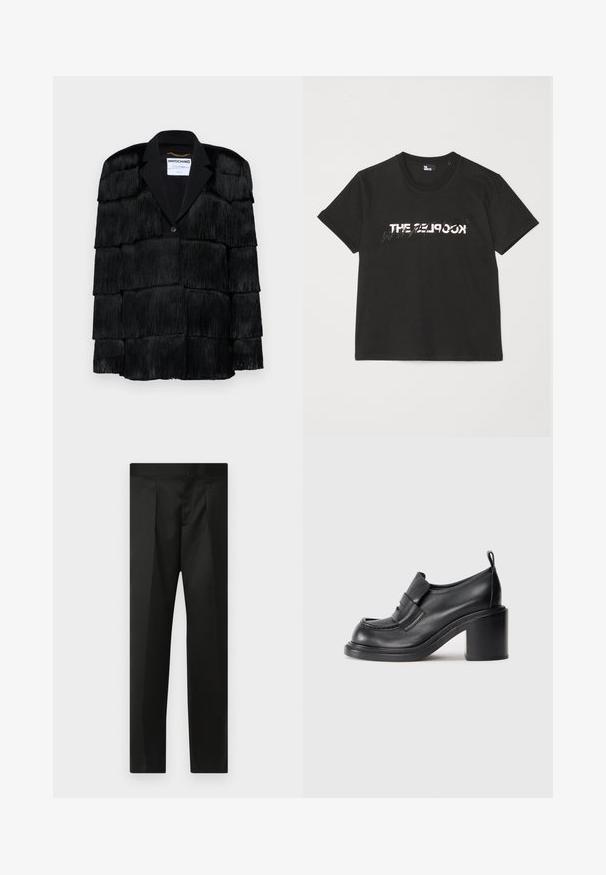 Fekete dzseki réteges rojtos részletekkel, kivágott hajtókkal és egy gombos záródással. Puha textúra, struktúrált dizájn.; Fekete pamut póló rövid ujjakkal, elöl fehér és szürke "THE 2LOOK" felirattal. Klasszikus kerek nyakkivágás.; Fekete nadrág sima anyaggal, testhezálló fazonnal, egyenes lábakkal és lapos derékkal, látható zárak vagy zsebek nélkül.; Fekete bőr magassarkú cipők kerek orral, kiemelkedő pánttal a lábfejen és tömzsi sarokkal. Simáld textúra, minimális varrással.