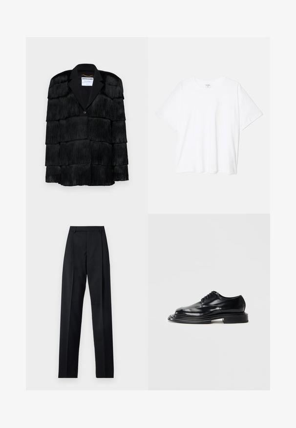 Czarna kurtka z warstwowymi frędzlami, wykładanym kołnierzem i zapięciem na jeden guzik. Miękka tekstura, strukturalny design.; Biała bawełniana koszulka z krótkim rękawem, okrągłym dekoltem, luźnym krojem i przeszytym brzegiem. Metka widoczna wewnątrz dekoltu.; Czarne spodnie wykonane z gładkiego materiału, z wysokim stanem, szerokimi nogawkami, fałdami z przodu i klasycznymi szlufkami na pasek. Brak widocznych kieszeni bocznych.; Czarne skórzane buty z błyszczącym wykończeniem, zaokrąglonym noskiem, sznurowadłami i grubą, płaską podeszwą. Posiadają warstwowy, rzeźbiony design.