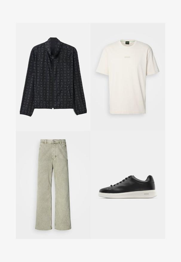 Casaco preto com um padrão subtil de logótipos e diamantes. Fabrico leve, fecho à zip, gola alta e punhos elásticos.; BOSS TEE - T-shirt básica - open white; Jeans de perna larga verde claro com cintura alta, feitos de denim, com fecho de botão e design clássico de cinco bolsos.; Snecquer de couro preto com sola texturizada branca, bico redondo e seis ilhós. Apresenta uma marcação discreta no calcanhar. Acabamento liso em geral.