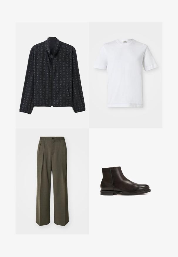 Black jacket featuring a subtle pattern of logos and diamonds. Lightweight fabric, zip closure, high collar, and elasticized cuffs.; White cotton t-shirt with short sleeves, crew neckline, and a smooth texture. No patterns or accents are visible.; Filippa K WIDE TROUSERS - Trousers - driftwood; Black leather ankle boot with a smooth texture, rounded toe, and a low heel. Features a side zipper for easy wear.