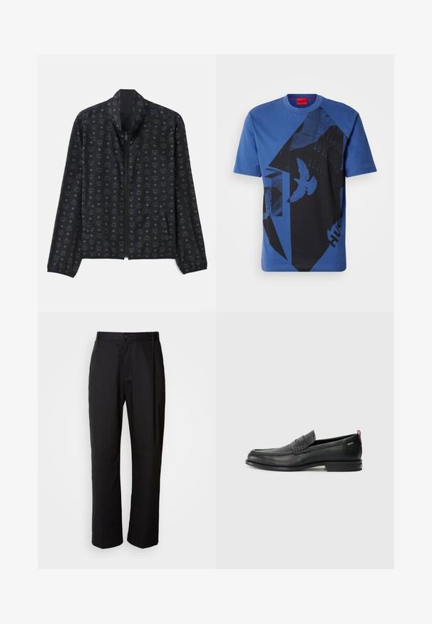 Melna jaka ar niansētu logo un dimantu rakstu. Viegls audums, rāvējslēdzēja aizdare, augsts apkakle un elastīgas aproces.; Zila kokvilnas t-krekls ar apaļu kaklu, kas rotāts ar melnu grafisku rakstu, tajā skaitā formām un putniem, un ar sarkanu etiķeti kakla daļā.; Melni bikses ar taisnu griezumu, izgatavotas no viegla auduma. Ar priekšējo pogu aizdari un divām sānu kabatām; gluda tekstūra.; Melni ādas loafers, ar teksturētu priekšējo paneli un gludām malām. Ar šauru papēdi un aizmugurējo cilpu vieglai uzlikšanai. Klasisks dizains.