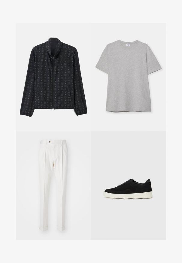 Črna jakna z diskretnim vzorcem logotipov in diamanto. Lahka tkanina, zadrga, visok ovratnik in elastični zapestniki.; Siva kratka majica s kratkimi rokavi, narejena iz mehke, teksturirane tkanine. Ima klasičen okrogli ovratnik in ravno spodnjo rob, primerna za vsakdanje nošenje.; Bela, krojena hlače z ravnim sprednjim delom, dvema naborkoma in zavitki. Narejene iz gladkega materiala z gumbom za zapiranje v pasu.; Črni semiš teniški copati z vezalkami in kontrastnim belim gumijastim podplatom. Imajo teksturirane stranske panele in subtilno oznako na peti.