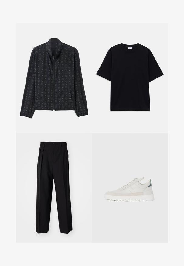 Schwarze Jacke mit einem dezenten Muster aus Logos und Rauten. Leichter Stoff, Reißverschluss, hoher Kragen und elastische Bündchen.; Schwarzes, oversized T-Shirt mit kurzen Ärmeln und rundem Ausschnitt, mit sichtbarem Filippa K Markenlabel im Kragen.; Schwarze, plissierte Hose mit geradem, weitem Bein. Hergestellt aus glattem Stoff, mit Knopfverschluss und Gürtelschlaufen.; Weiße Leder-Sneaker mit grauen Wildleder-Akzenten, Schnürdesign, Zuglasche und strukturiertem Gummisohle mit Zickzackmuster.