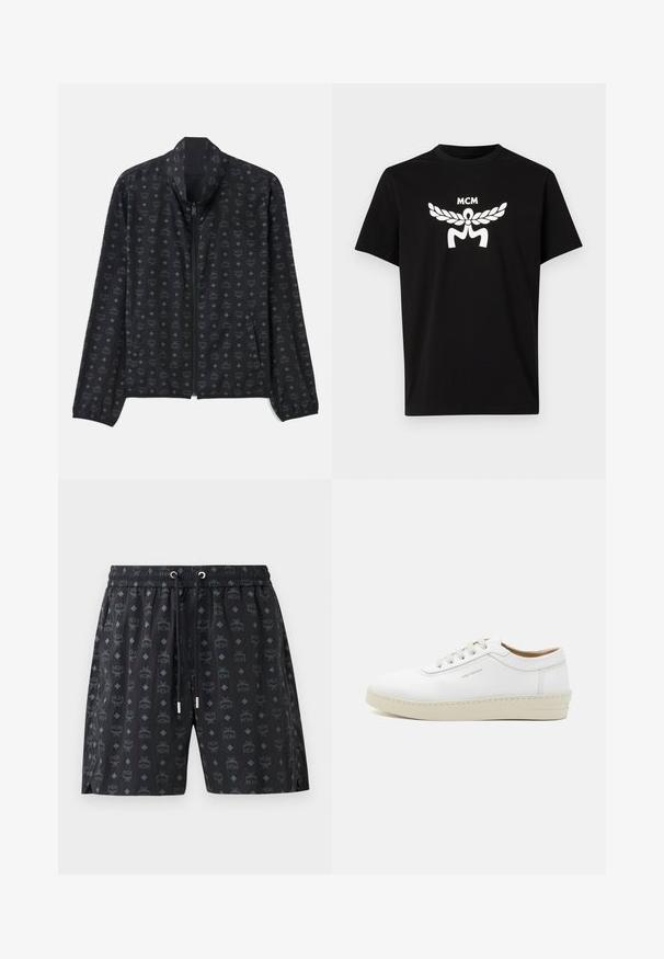 Black jacket featuring a subtle pattern of logos and diamonds. Lightweight fabric, zip closure, high collar, and elasticized cuffs.; Black cotton t-shirt with short sleeves, featuring a large white MCM logo and laurel design on the front. Classic crew neck.; Black swim shorts featuring a repeated logo pattern and diamond shapes. Made of lightweight material, with an elastic waistband and drawstring.; White leather sneaker with a textured finish, round toe, beige rubber sole, and six grey lace eyelets, featuring subtle branding on the side.