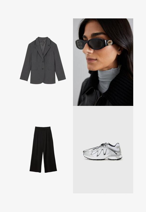 Blazer grigio con rever a punta, due tasche frontali e due bottoni. Tessuto liscio con un delicato motivo a trama, vestibilità strutturata e maniche lunghe.; Top in cotone bianco senza maniche, con scollatura ampia e linea aderente. Tessuto liscio, design semplice e dettagli di cucitura minimi.; Pantaloni neri a gamba larga con vita alta, caratterizzati da pieghe, una texture liscia e senza tasche o decorazioni visibili.; Scarpe atletiche bianche con tomaia in mesh, dettagli neri, suola in gomma texturizzata e sistema di allacciatura elastico. Leggere e dal design moderno.; Occhiali da sole neri con una montatura rettangolare elegante e un accento del logo dorato sul lato. Le lenti scure e la finitura lucida sono evidenti.