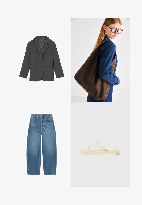 Grauer Blazer mit Reverskragen, zwei Fronttaschen und zwei Knöpfen. Glattes Material mit einem dezenten Webmuster, taillierte Passform und langen Ärmeln.; Weißes Baumwoll-T-Shirt mit einem zentralen, rosa Cupcake-Grafik und einer Kirsche obendrauf. Kurze Ärmel und lässige Passform.; Blaue hochtaillierte weit geschnittene Jeans mit Fronttaschen und Knopfverschluss, flach auf einem weißen Hintergrund präsentiert.; Flache Flip-Flops in hellem Gelb. Hergestellt aus glattem Gummi mit zwei diagonalen Riemen und einer dicken Sohle für Komfort und Langlebigkeit.; Braune Leder-Handtasche mit weicher Textur, geräumigem Design und einem einzigen Tragegurt. Kombiniert mit einer blauen Jeansjacke.