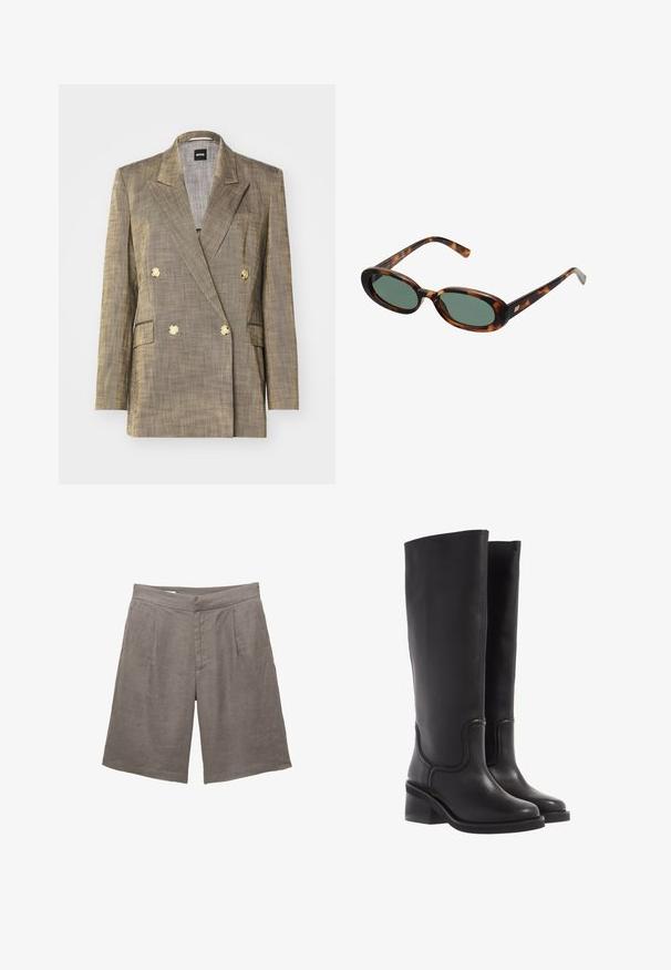 Dobbeltradet blazer i tekstureret guldstof med slagkrave, to forlommer og guldhardwareknapper.; Brun T-shirt med lange ærmer, lavet af blødt, strækbart materiale, med rund halsudskæring og en afslappet pasform, der har en glat tekstur og minimal detaljer.; Grå linnedshorts med en afslappet pasform, der har en flad front, to for-pleater og sidelommer. Glat tekstur uden synlige mønstre.; Sorte læder knæ-høje støvler med en glat tekstur, rund tå og en chunky hæl. Har diskret syninger og et strømlinet design.; Skildpaddemønstrede solbriller med ovale stel og grønne linser. Har tynde arme med en metallisk detalje nær hængslerne.