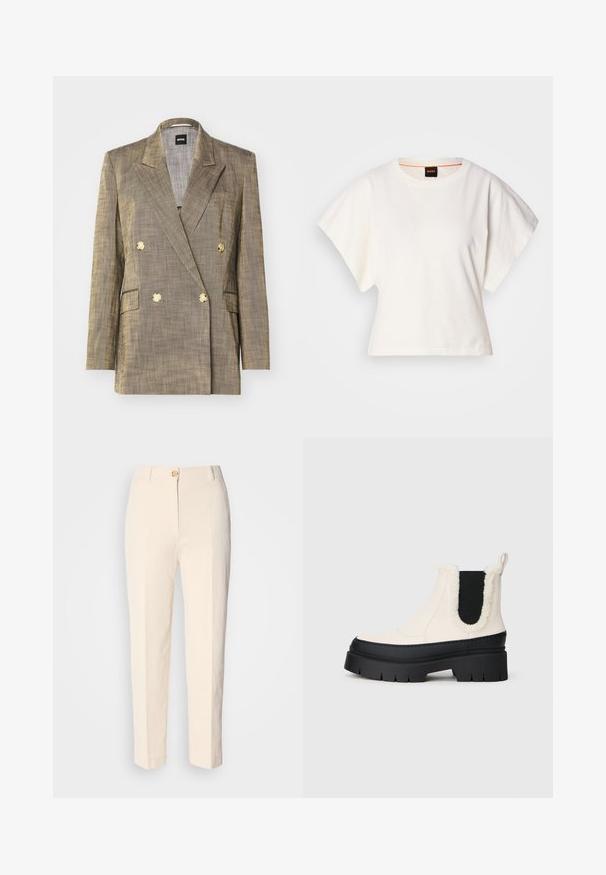 Doppelreiher-Blazer aus strukturiertem goldfarbenem Stoff mit Reverskragen, zwei Vordertaschen und goldenen Knöpfen.; Weißes, kurzes T-Shirt, kurze weite Ärmel, weicher Baumwollstoff, runder Ausschnitt mit subtilen orangefarbenen Akzenten, minimales Design, keine Muster oder Grafiken.; Cremfarbene, hochtaillierte Hose aus strukturiertem Stoff. Mit einem Knopfverschluss vorne und schmal zulaufenden Beinen.; Klüpfende Plattform-Stiefeletten mit einem weißen Obermaterial, schwarzer Gummisohle und kontrastierenden schwarzen elastischen Seitenpaneelen. Kunstpelzbesatz am oberen Rand.