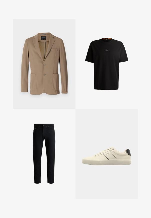 Rudas švarkas, pagamintas iš tekstūruoto audinio, su dviem priekinėmis kišenėmis, viena krūtinės kišene ir dviem mygtukais. Pritaikytas dizainas.; Juodas medvilnės marškinėliai su apvaliu iškirpimu, trumpomis rankovėmis ir baltu "BOSS" logotipu, esant centruojamam ant krūtinės. Sklandžiai jaučiasi, patogus siluetas.; Juodos slim fit džinsinės kelnės su penkiomis kišenėmis, mygtukų uždarymu ir diržo kilpomis, parodytos prieš baltą foną.; Kreminių spalvų sportbačiai su lygiu paviršiumi, turintys juodus akcentus ir ženklinimą. Klasikinis raištelių užsegimas su apvaliu pirštu ir guminiu padu.