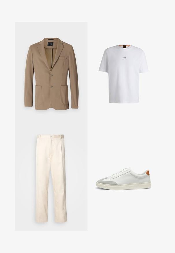 Brun kavaj i texturerad tyg, med två framfickor, en bröstficka och två knappstängningar. Skräddarsydd design.; Vit bomull T-shirt med korta ärmar, med en svart "BOSS"-logotyp centrerad på bröstet och en rund nackdesign.; Beiga bomullbyxor med rak benform, utrustade med knappstängning och veck framtill för extra detalj.; Vita lädersneakers med grå mockadetaljer och en tab i brunt läder på hälen. Har en strukturerad yta och en lätt sula.