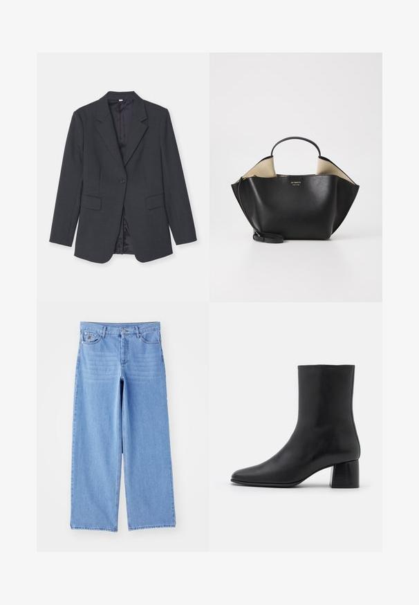 Tiger of Sweden NARINA - Bleiseri - charcoal; Mustat pitkät hiharatoppi, joka on valmistettu pehmeästä kankaasta. Topissa on pyöreä pääntie ja rento istuvuus, jossa on sivuhalkiot helman kohdalla liikkumisen helpottamiseksi.; Vaaleansinisiä leveälahkeisia farkkuja, joissa on klassinen viisipaikkainen muotoilu ja nappikiinnitys. Liukas pinta, kuluneet lahkeensuukohdat.; Mustat nahkasaappaat nilkkakorkeudella, joissa on terävä kärki ja tukeva neliön muotoinen korko. Sileä pinta, saumaton muotoilu ja minimalistinen ommel.; Ree Projects ANN TOTE MINI - Käsilaukku - black