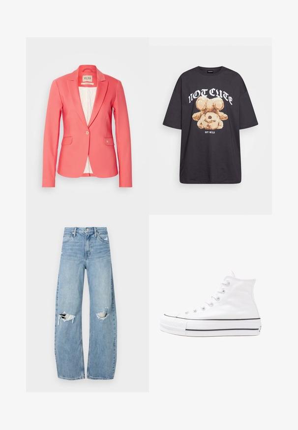 Koraļļu blazeris ar pielāgotu piegriezumu, viens pogas aizdare, divas priekšējās kabatas un maiga balta satīna oderēšana. Satur nelielu logo detaļu uz kabatas.; Melna, pārmērīga t-kreklu, kurā attēlots lācis ar uzrakstu "NAV MIERĪGS, BET VILKIS" treknos baltos burtiem. Izgatavots no kokvilnas materiāla.; Gaiši zili, augstās vidukļa džinsi, kas izgatavoti no denima. Iespējas plašas kājas, divas plēstas ceļa daļas un klasiskā piecu kabatu dizains.; Balti augstie kanvas sporta apavi ar melnu gumijas zoli, priekšējo gumijas purngalu un sešām acīm lencēm, kuriem ir tīrs, minimālistisks dizains.