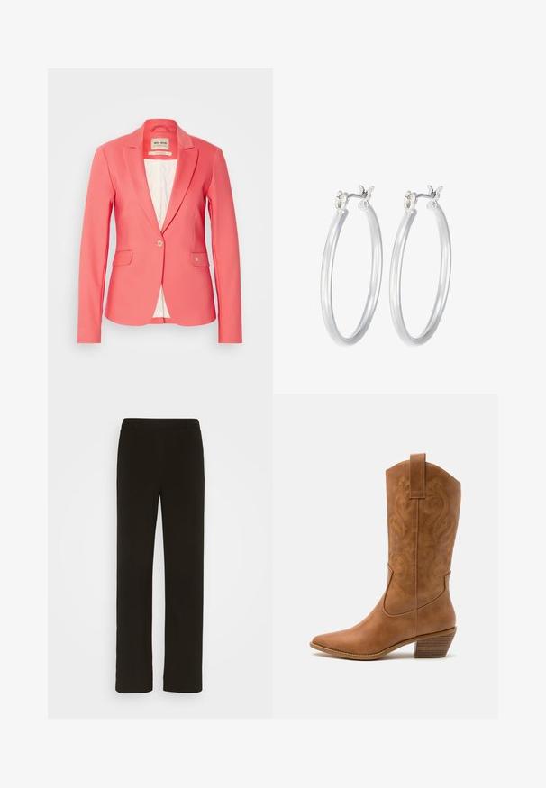 Koraalblazer met een getailleerde pasvorm, sluiting met één knop, twee voorkanten zakken en een zachte witte satijnen voering. Kenmerkt een klein logo detail op de zak.; Twee katoenen crop tops in wit en zwart. Elke top heeft een diepe halslijn en dunne schouderbandjes, met een gladde, zachte textuur.; Zwarte, rechte broek van geweven stof, met een platte voorkant, twee zijzakken en een gladde textuur. Geen zichtbare patronen of accenten.; Tan leren cowboylaars met puntige neus, geborduurde spiraalpatronen op de schacht en een gestapelde blokhak. Voorzien van een trekband voor gemakkelijke aan- en uittrekken.; Zilveren oorbellen in de vorm van een gladde, gepolijste ring. Ronde vorm met een veilige kliksluiting. Lichtgewicht ontwerp, geschikt voor dagelijks gebruik.