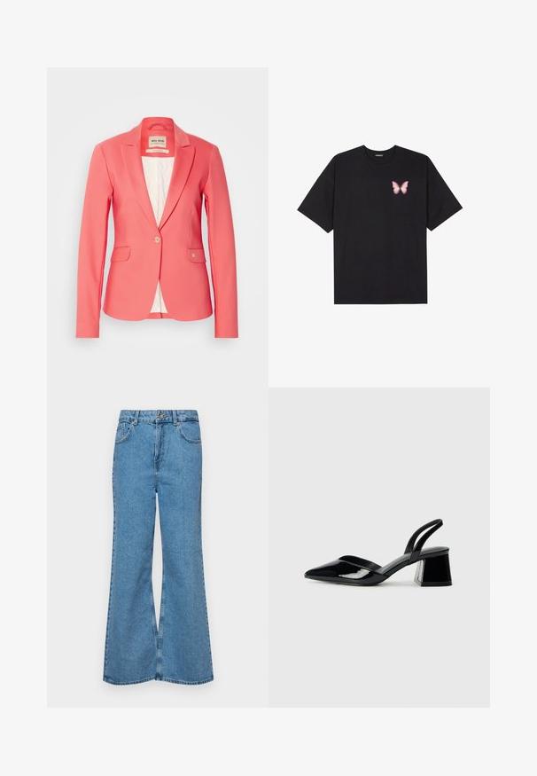 Korallvärvi bleiser, millel on kohandatud lõige, üksik nupp, kaks esikotit ja pehme valge satiinvooder. Voodril on väike logodetail taskul.; Must muströöpidega must puuvillane T-särk, vasakul rinnal on väike roosa liblikas. Ümar kaelus ja vabalt istuv lõige.; Heledad sinine flared teksade rõivad, millel on kõrge talje, viis taskut ja üks nupulukk. Pehme tekstuur ja pleekinud viimistlus.; Mustad musta lakknahk kingad, millel on terav varvas ja geomeetriline plokkkonts. Omab elegantselt minimalistlikku disaini ja sujuvat tekstuuri.