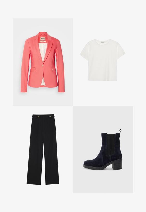Koral blazer med tilpasset passform, enkel knappelukking, to frontlommer og myk hvit satengfôr. Har liten logo-detalj på lommen.; Hvit T-skjorte med kort erm laget av myk bomull. Har rund hals og avslappet passform. Rent design uten synlige mønstre eller aksenter.; Svart vide bukser med høy midje, knappdetaljer på midjebåndet og frontplisser.; Mørkeblå skinn ankelsko med elastisk sidepanel, avrundet tå og blokkhelt. Tekstilt stoff og glatt såle gir kontrast.