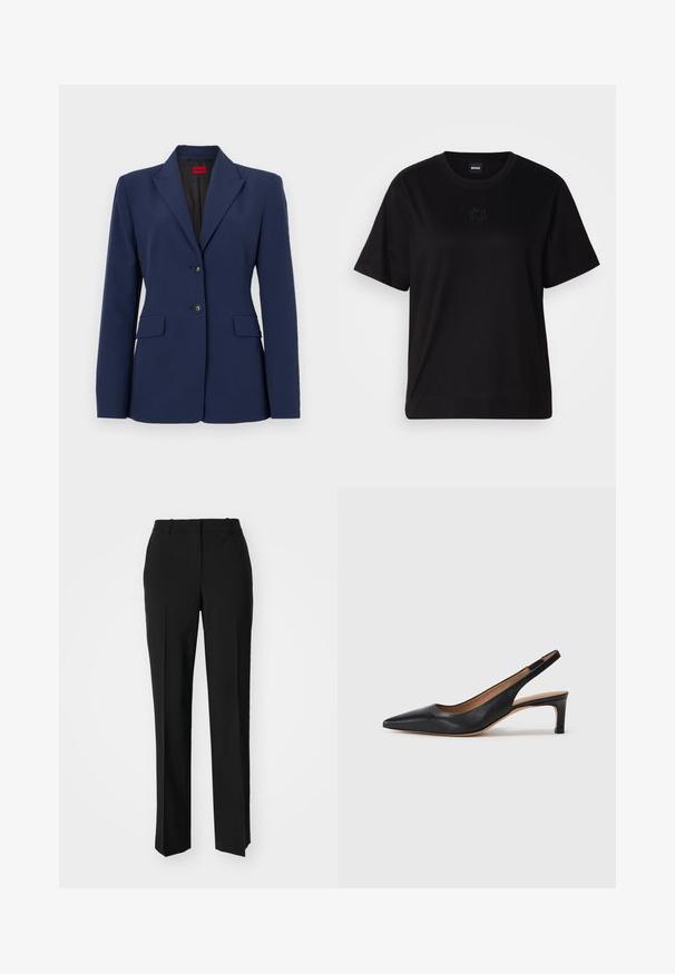 Modra blazerka iz gladkega blaga, ki ima zarezni ovratnik, dve sprednji žep in zapiranje na dva gumba z črnimi gumbi.; Črna bombažna majica s krožnim izrezom, kratkimi rokavi in izvezenim logotipom na prsih. Preprosta, sproščena silhueta brez vzorcev.; Črne krojene hlače s direktnim krojem, ki se ponašajo z gladko teksturo in ostrimi pregibi spredaj. Ni vidne kovine.; Črne usnjene čevlje s slingback obliko, s koničastim nosom, nizko peto in gladko teksturo. Imajo tanko nastavljivo naramnico za varno prileganje.