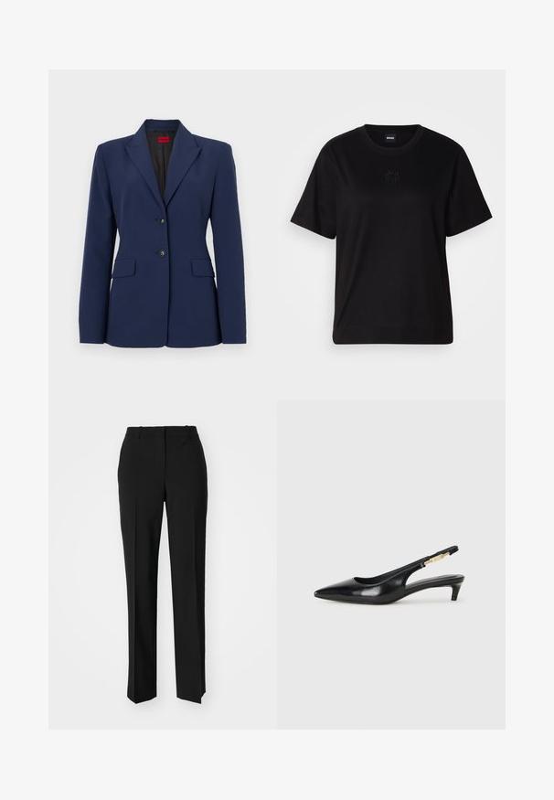 Marineblauwe blazer van gladde stof, met een reverskraag, twee voorkruiken en een twee-knopen sluiting met zwarte knopen.; Zwarte katoenen t-shirt met een ronde hals, korte mouwen en een geborduurd logo op de borst. Eenvoudige, comfortabele pasvorm zonder patronen.; Zwarte op maat gemaakte broek met een recht model, voorzien van een soepele textuur en scherpe plooien aan de voorkant. Geen zichtbare hardware.; Zwarte leren slingback hakken met een spitse neus, voorzien van een slanke hak en een goudkleurige accent op de verstelbare band. Gladde textuur.